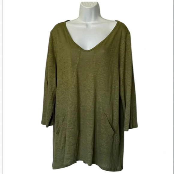 Habitat green 100% linen tunic v neck 3/4 sleeves pockets Size L - Picture 1 of 7